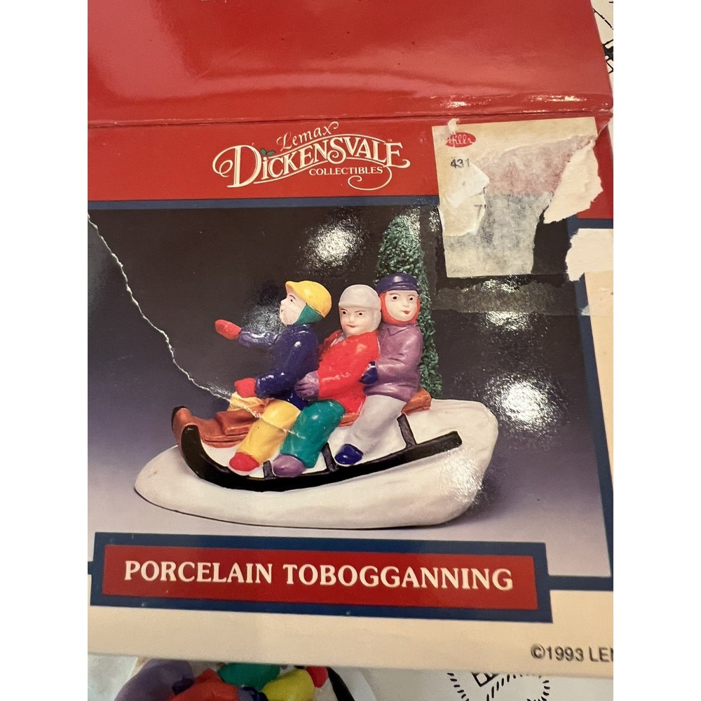 Lemax Christmas Village Collection Porcelain Tobogganning 22085 w Box Vtg 1993